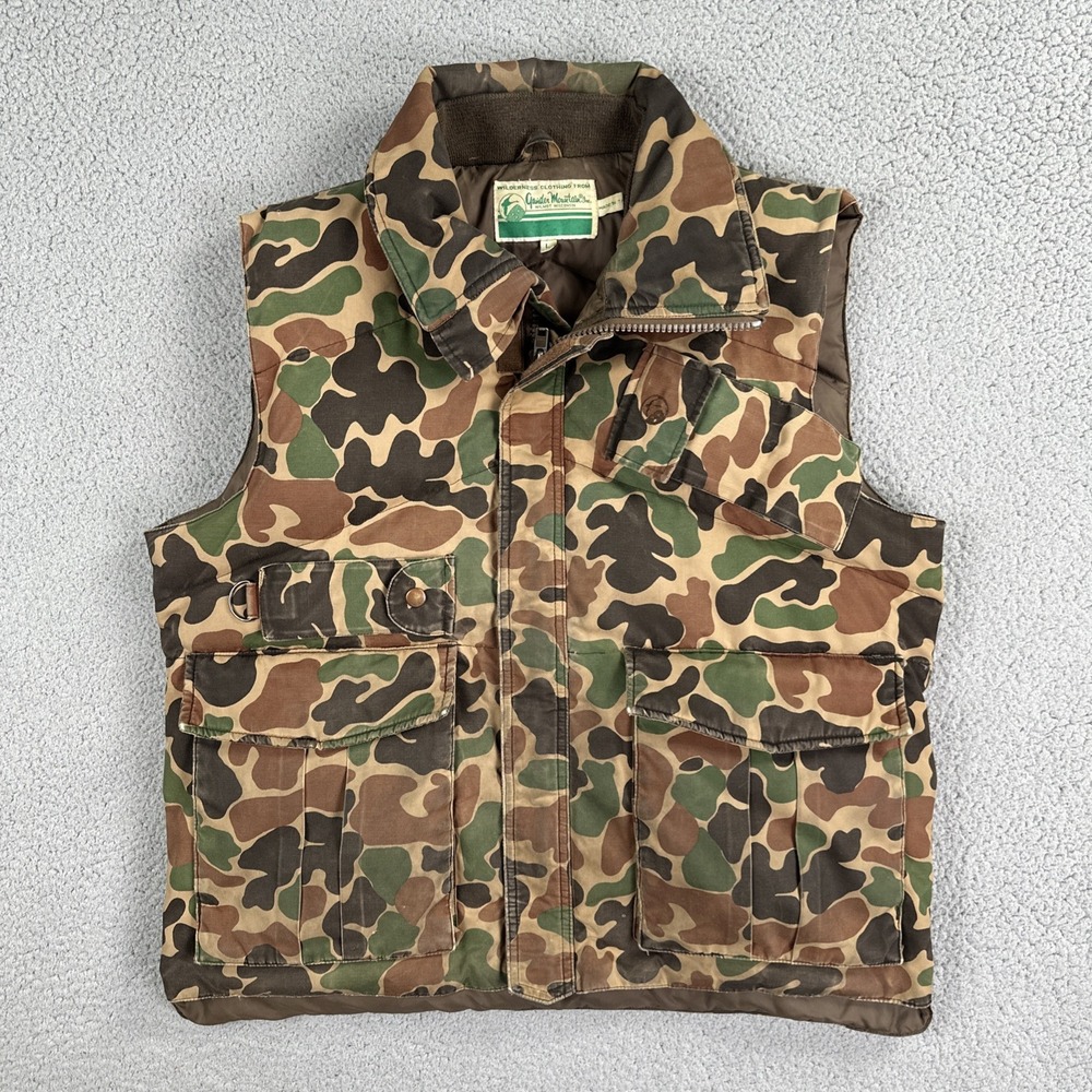VTG Gander Mountain Duck Camo Puffer Vest Men Large Full Zip Down Insulated